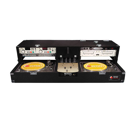 10" Format DJ Mixer and Two Standard Position Turntables Carpet Coffin Case with Two Top Sliding 4U Racks