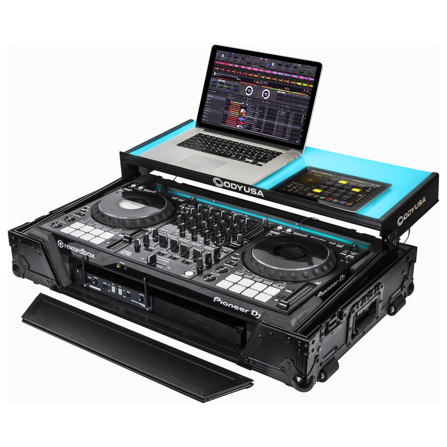 Black Pioneer DDJ-1000 / DDJ-1000SRT Case with 1U Rack Space with Glide Platform and LED Panel