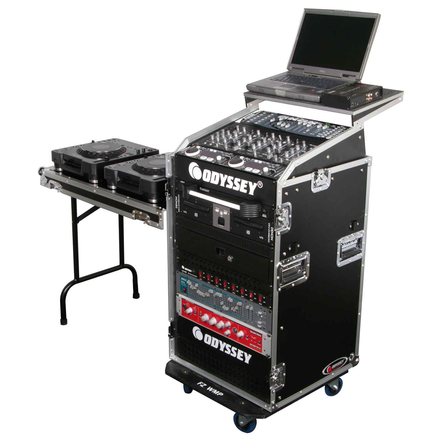 Deluxe 10U Top Slanted 16U Bottom Vertical Combo Rack with Glide Platform Wheels and Side Table