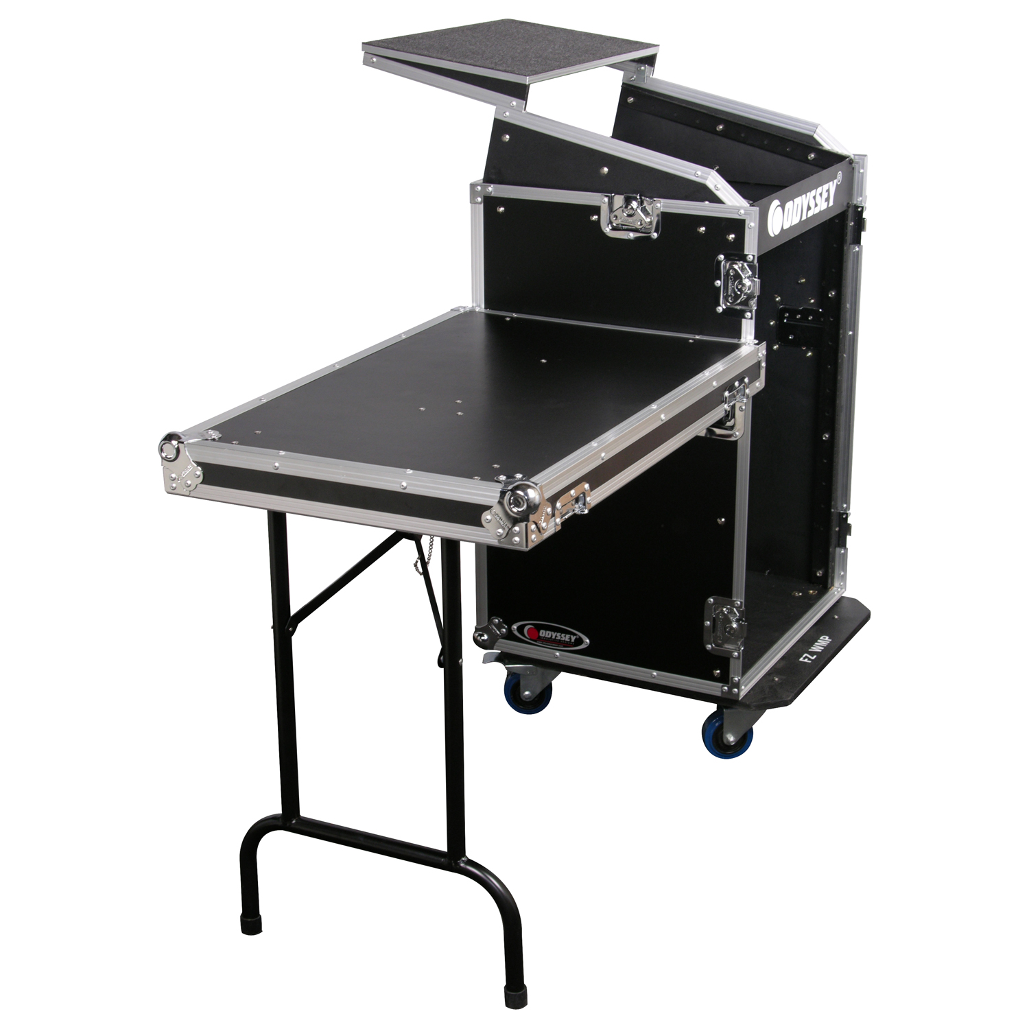Deluxe 10U Top Slanted 16U Bottom Vertical Combo Rack with Glide Platform Wheels and Side Table - Image 2