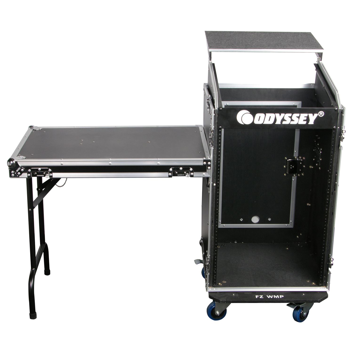 Deluxe 10U Top Slanted 16U Bottom Vertical Combo Rack with Glide Platform Wheels and Side Table - Image 3