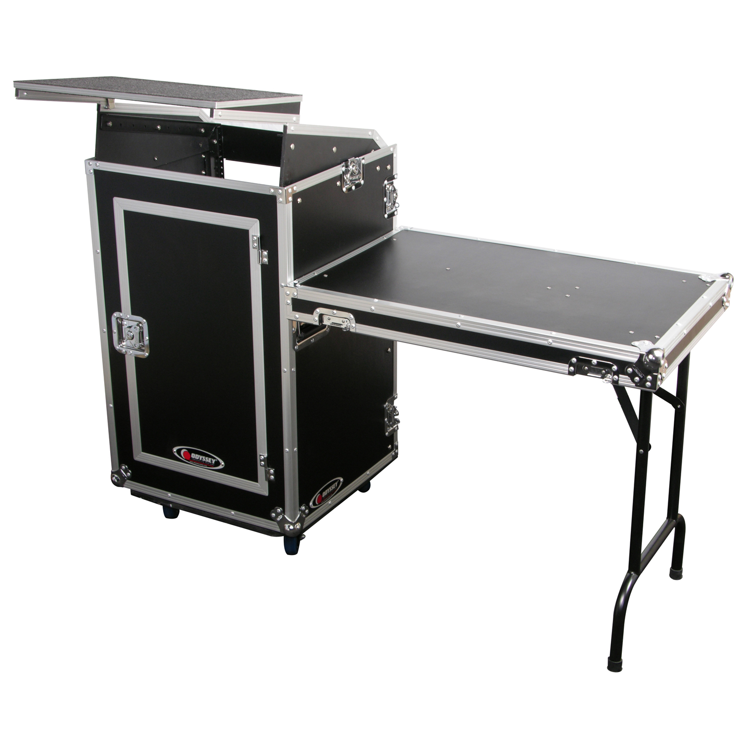 Deluxe 10U Top Slanted 16U Bottom Vertical Combo Rack with Glide Platform Wheels and Side Table - Image 4