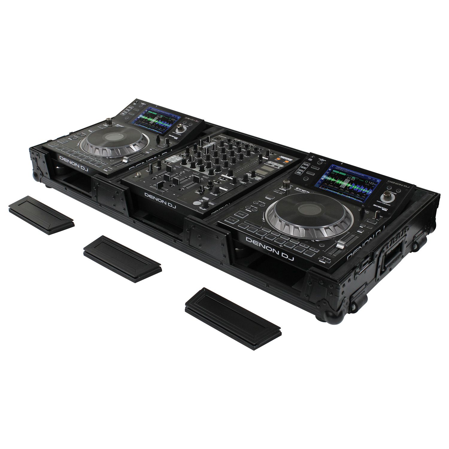 Black 12" Format DJ Mixer and Two Large Format Media Players Coffin Flight Case with Extra Deep Rear Compartment