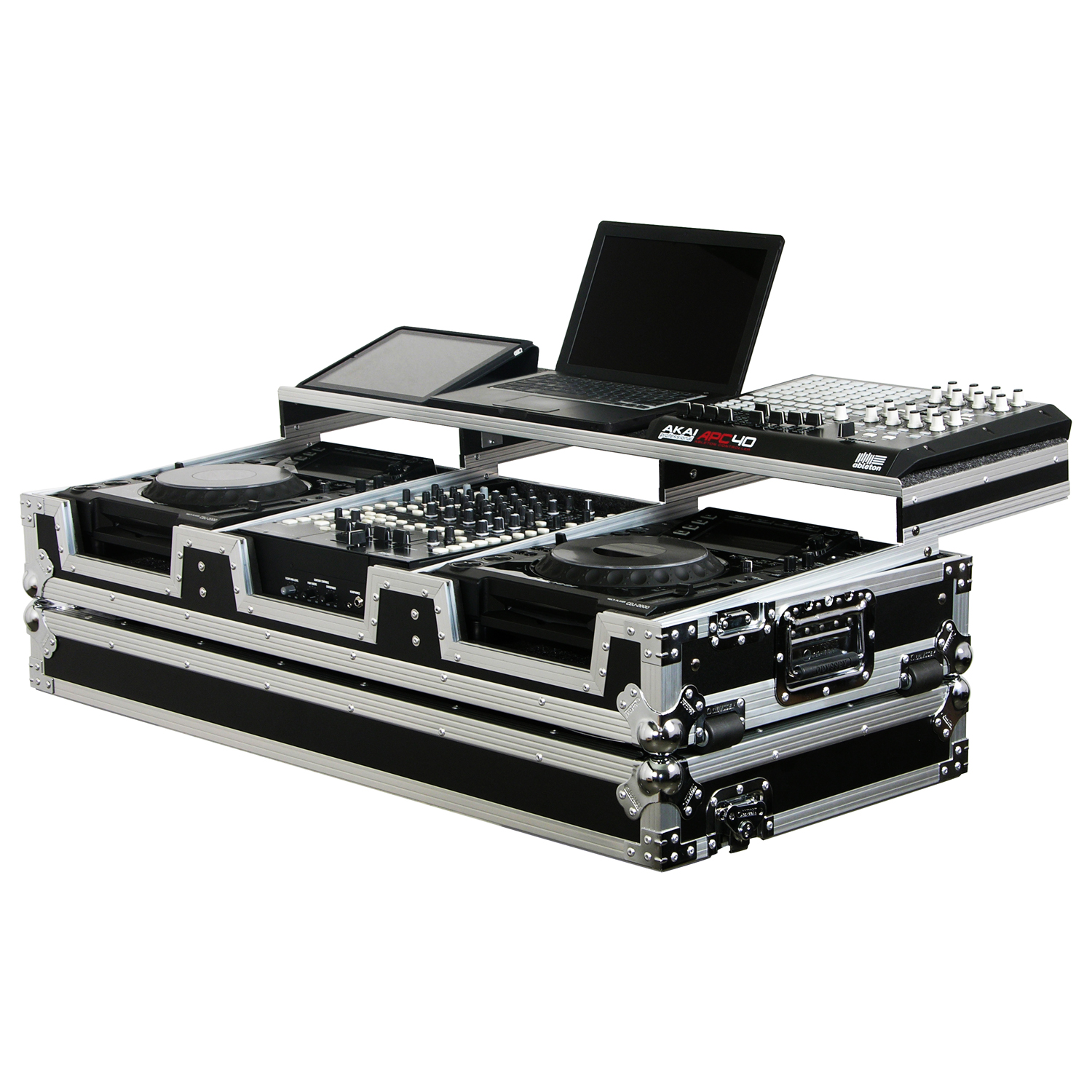 Universal 12" Format DJ Mixer and Two Large Format Media Players Flight Coffin Case with Full Glide Platform