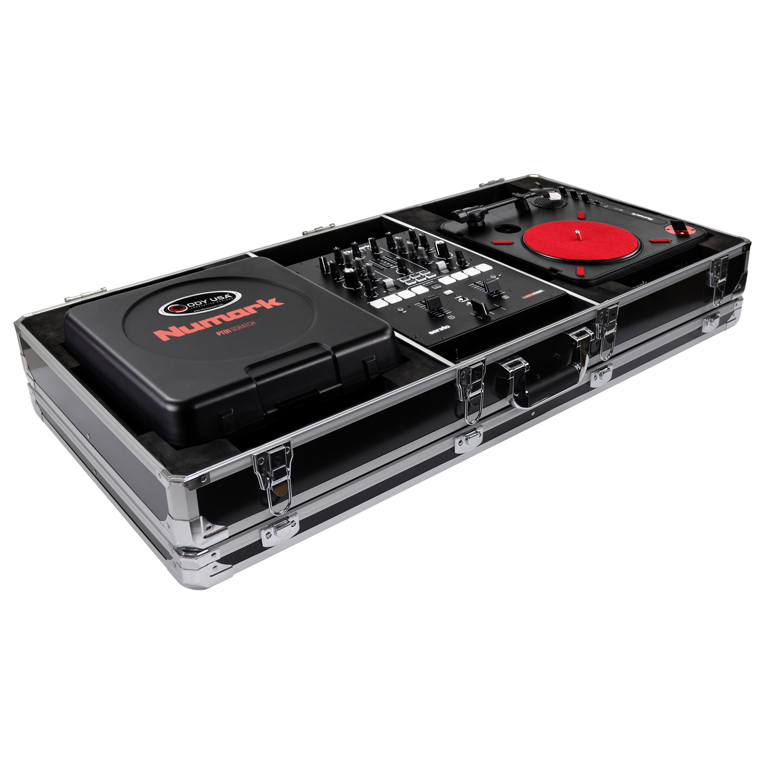 KROM Series Black Compact 10" Format DJ Mixer and Two Numark PT01 Turntables Coffin Case - Image 3