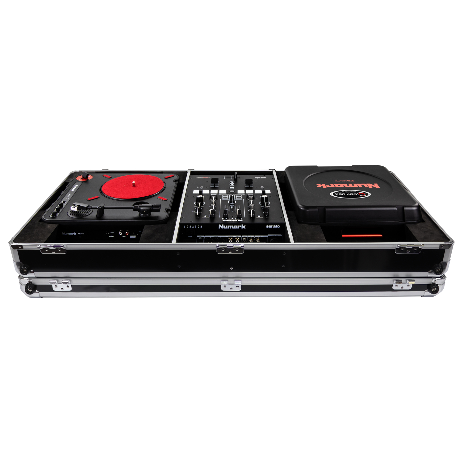 KROM Series Black Compact 10" Format DJ Mixer and Two Numark PT01 Turntables Coffin Case - Image 4